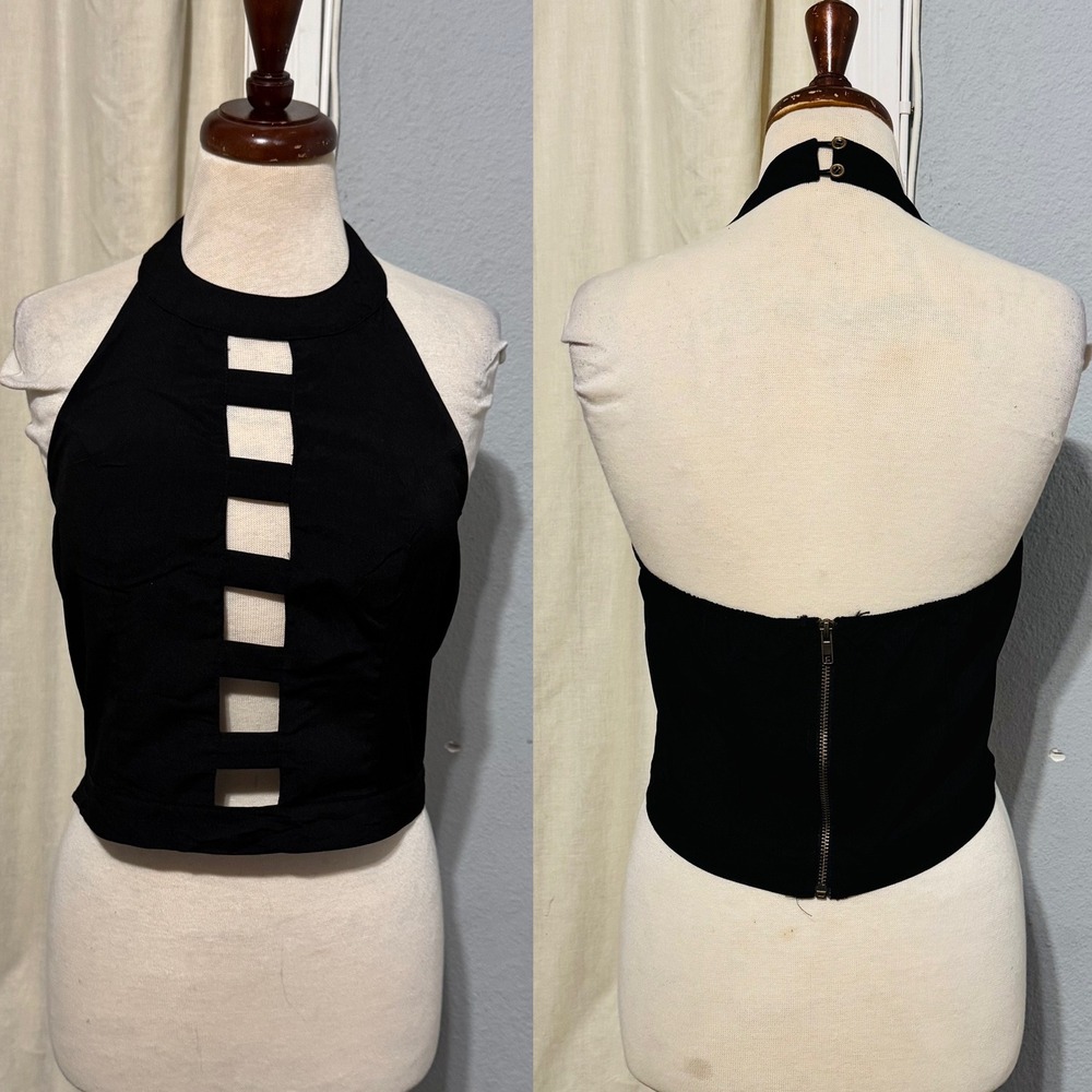 TOP CHIC Y2K Black‎ Cutout Halter Crop Top Zipper Back Gothic Punk Women L Rock